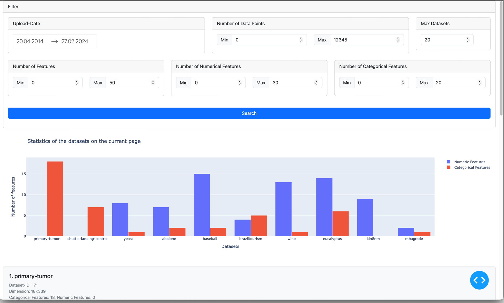 Screenshot: OpenML Dataset Explorer Webanwendung